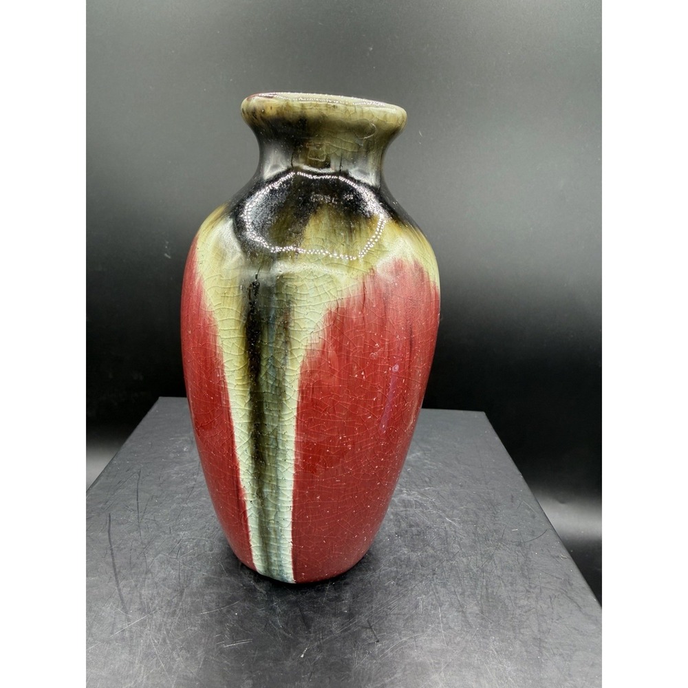 🌿 Vintage Ceramic Drip Glaze Vase 6"–Heavy Crazing–Rustic Studio Pottery Decor
